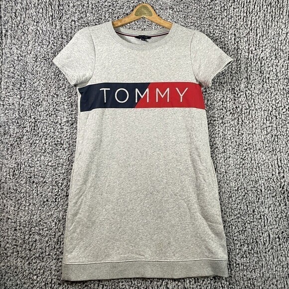 Tommy Hilfiger Sweatshirt Dress Short Sleeved Logo Fleece Mini Grey Women's S - Picture 1 of 9